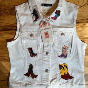 NWT Wax Jean Womens White Jean Vest, Boot Appliques, Size PM/Med